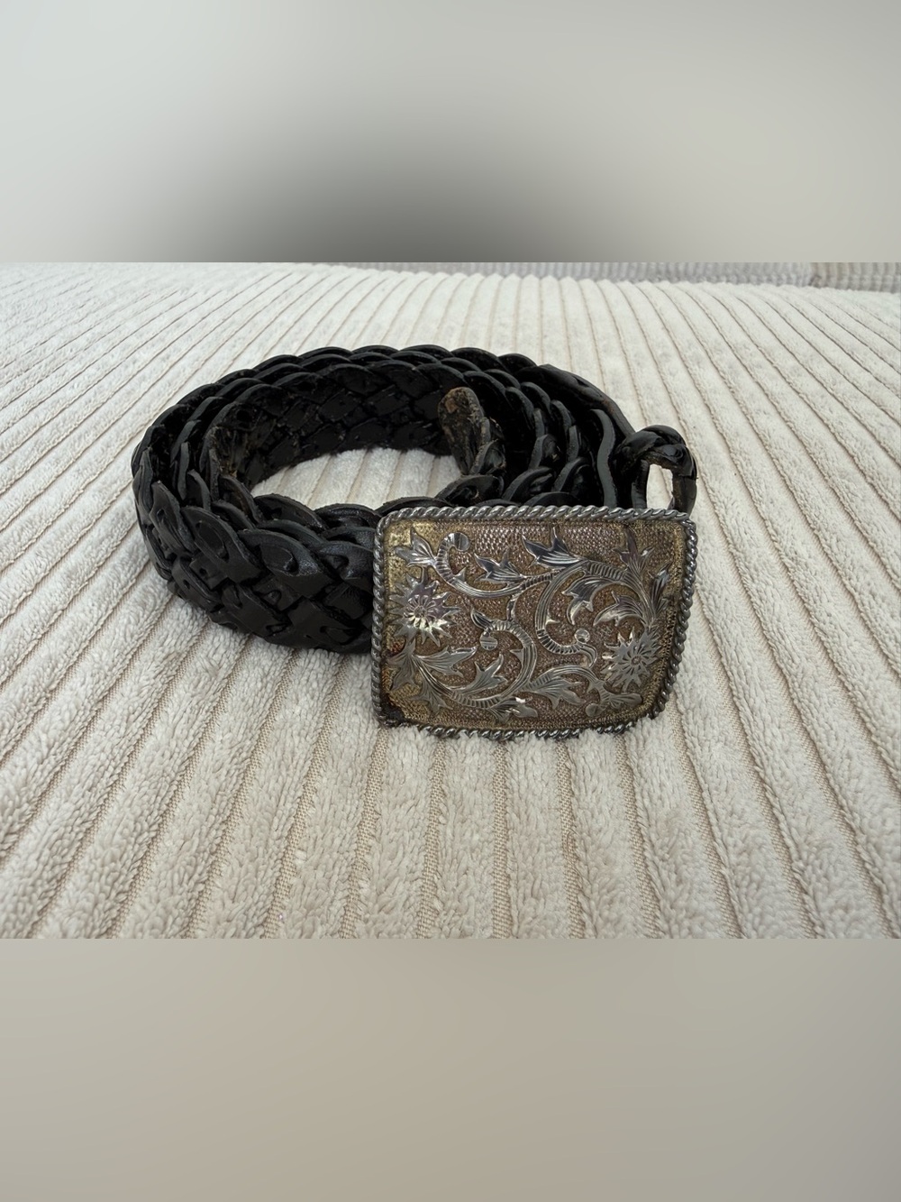 Taxco Braided Black Leather Belt with Engraved Silver-Tone Buckle